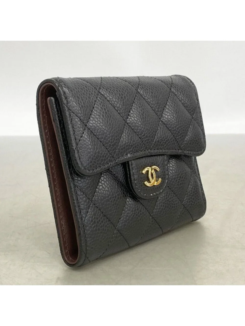 Chanel Trifold Wallet Quilted Caviar Leather Black Gold